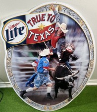 VTG Miller Lite True To Texas Metal Sign 39” 28” Houston Rodeo Bull Rider Buckle picture