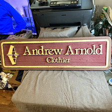 Vintage Andrew Arnold Clothier Wood Advertising Sign Plaque Brown & Gold 1987 picture