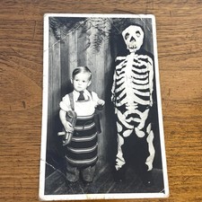Vintage Halloween B&W Photo Skeleton & Carpenter Snapshot 30’s 40’s Costume Mask picture