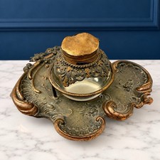 Rare Antique Rococo Inkwell Ornate Floral Desk Stand Glass Insert Collector picture