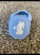 Vintage Wedgwood Blue Jasperware Trinket Box - 1970s Floral Girl Design picture