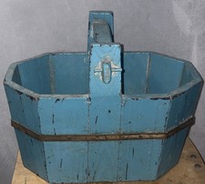 Vintage Large Wood/Wooden Chinese Square Grain Bucket/Basket Blue 10x13 Inches picture