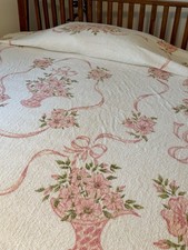 Pink White Chenille Bedspread Tufted Cottage MidCentury FULL 104x86  SO MINTY picture
