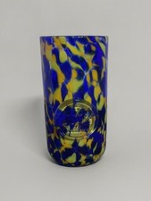 Murano Art Glass Tumbler Vase Blue Yellow Macchia Confetti Embossed Lion Seal picture