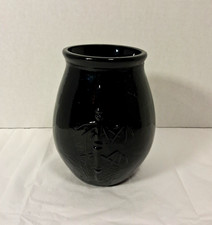 Beautiful Vintage Black Amethyst Bamboo Design Glass Vase Asian Style Rare picture