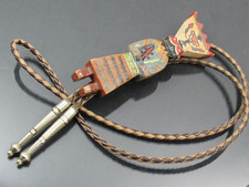 JEMEZ PUEBLO Gerry D Native American Hand Painted Carved Wooden Kachina Bolo Tie picture