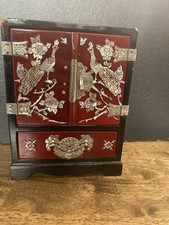 Vintage Red Lacquered Jewelry Trinket Box with Peacock Floral Inlay SHIPS FREE picture