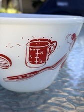 Vintage Fire King Kitchen Aids 6.5” Milk Glass Mixing Bowl Red Utensils USA picture