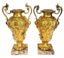 PAIR Antique FRENCH 19th C ROCOCO Gilt BRONZE Urns BARBEDIENNE VASE on Marble picture
