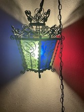 Vintage Wrought Iron Hanging Light Stained Glass Gothic 6-Panel Multicolor picture