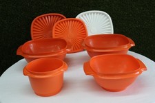 intage Tupperware Servalier Bowls Orange Red 4 Bowls 3 Lids 7 Pc Lot USA picture