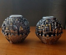 Vintage Pair Marked 925  Jerusalem 3D Cityscape Candlestick Holders Judaica 2.5