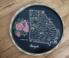 Vintage Georgia State Map Black Serving Tray Cherokee Rose Flowers picture