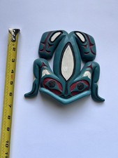 Pacific Northwest Coast Style Carved Wood Frog Plaque Signed “AS 92” picture