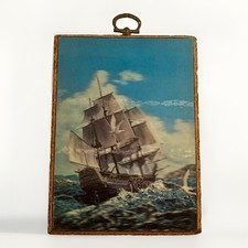 Vintage Lenticular 3D Nautical Sailing Ship Wall Plaque Print on Board 4.5”x6”  picture