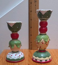 2 Vintage 1998 Mary Engelbreit Wood Taper CandleStick Christmas Enesco Holders picture