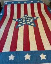 Vintage 1990 Signed Red White & Blue America Hand Quilted Quilt 62