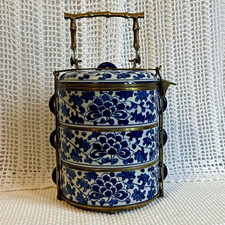 Vintage Brass & Blue White Porcelain Stacking Tiffin Carrier 3 Tier Jubako Box picture