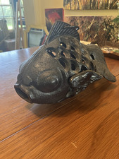 Vintage Heavy Cast Iron Koi Fish Hanging Candle Lantern Votive Holder picture