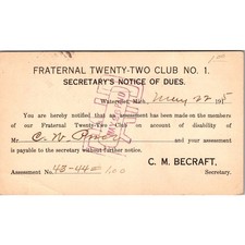 Fraternal Twenty-Two Club No. 1 C. M. Becraft 1915 Vintage Postcard SP6-2 picture