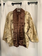 Vintage handmade by nippon nobolity 100% silk Gold and beige floral kimono robe picture