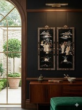 Vtg Chinoiserie Asian Soapstone Wall Panels LacquerMother of Pearl/Set  2 -24