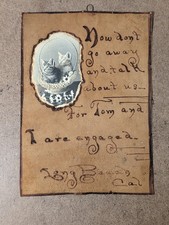 Antique 1900s Leather Engagement Plaque Kittens Basket Pyrography Long Beach picture