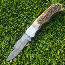 SHARD™Custom Hand Forged Damascus Steel Hunting Folding Pocket Stag/Antler Knife picture