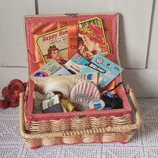 Vtg Red & Tan Wicker Sewing Basket Needle Book Thread Spools and Notions Lot picture
