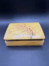 Vtg Italian Alabaster Trinket Box Orange Hand Painted Cherry Blossom Jewelry Cas picture