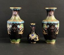 Antique Chinese Cloisonné Dragon Vases Lot of 3 Republic c.1920 Black picture