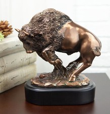 Western Charging American Buffalo Bison Bull Bronze Electroplated Resin Statue picture