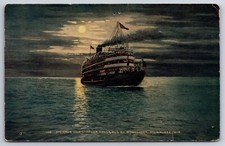 A759 Vtg Postcard Smoking Steamer Chrisopher Columbus Moonlight Water Moon WIS picture