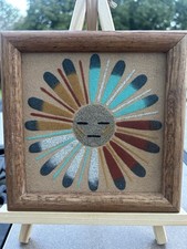 Native American Sun & Eagle Sand Art Painting in Oak Frame 7 in x 7 in picture
