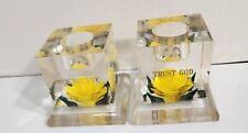 Trust God Believe Pair Acrylic Lucite Taper Candlestick Holders Yellow Rose  picture