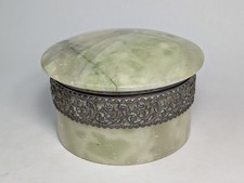 Vintage Emerald Green Alabaster Hinged Trinket Box Silver Plated Trim Jewelry picture