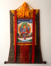 Buddhism Thangka Style Textile Hanging Scroll Wall Art Wooden Dowels Red Gold picture