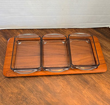Vintage 1964 Digsmed Denmark Teak Tray 3 Smoky Gray Glass Inserts MCM 14
