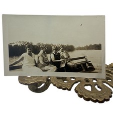 Vintage 1925-49 Women Lake Bench Snapshot Photo 2.75x4.5 Sepia Gelatin Orig picture
