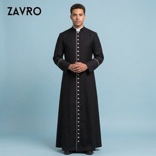 Black Wool Clergy Cassock White Piping Long Button Front Priest Robe picture