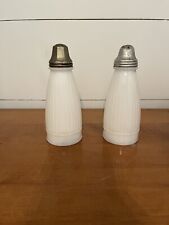 VTG Ribbed Milk Glass Cone Salt & Pepper Shakers set 5 1/2' Metal Tops picture