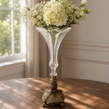 Antique Victorian Style Trumpet Glass Vase With Spelter Base Ornate Early 1900s picture