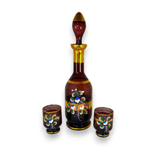 Vintage Amethyst Purple Glass Decanter Set with Enameled Flowers & Gold picture