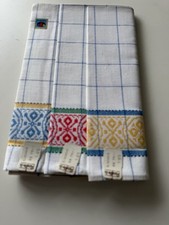 3x Vintage Linen Tea Towels INDANTHRENE Jacquard Trim Department Store Brown picture