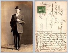 Vintage RPPC Man in Bowler Hat with Cigar Kearney Nebraska 1911 Postcard picture