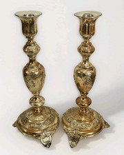 Antique Fraget N Plaque Russian Empire Candlesticks Pair Silver Plated 14” Tall picture