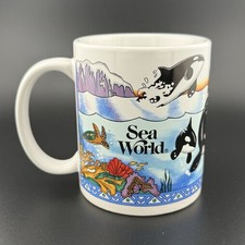 VTG 90s Sea World Coffee Mug With Orca Pod Sea Turtle Coral Reef Iceberg 1995 picture