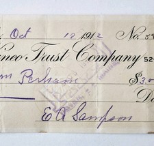 1912 Kineo Trust Company Bank Check E.A. Sampson Dover Maine Signed 897 CHX2 picture