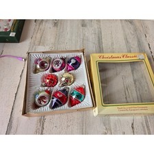 Vintage commodore indent teardrop glass glitter ornament set box heart Xmas picture