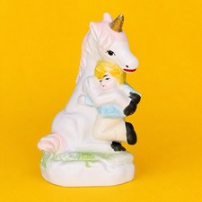 Vtg Bisque Unicorn Figurine Girl Boy Pastel Ceramic Kitsch Fantasy Retro 80s picture